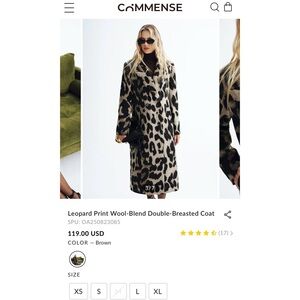 NWT Commense Leopard Print Wool-Blend Double-Breasted Coat